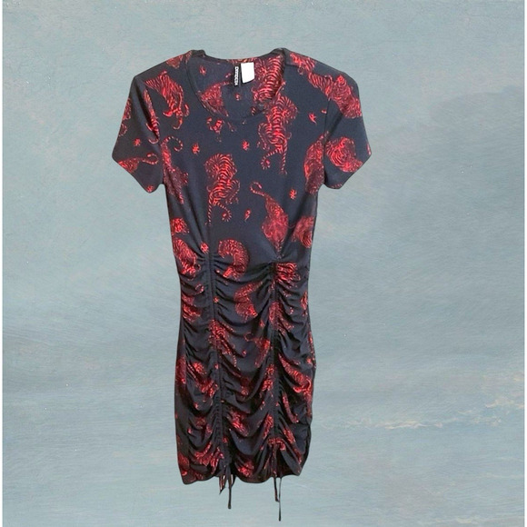 Divided Dress Women's Size S Black Red Tiger Mini Form Fitting Bodycon Ruching - Picture 1 of 9